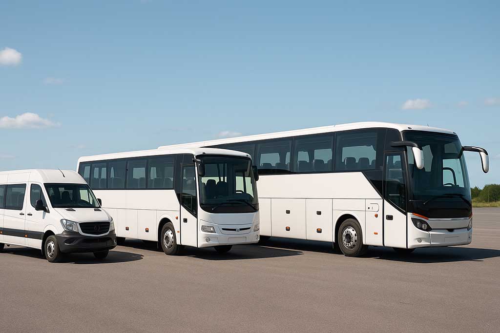Kolme erikokoista valkoista ajoneuvoa, minibussi, pikkubussi ja linja-auto - Tilausajot.net