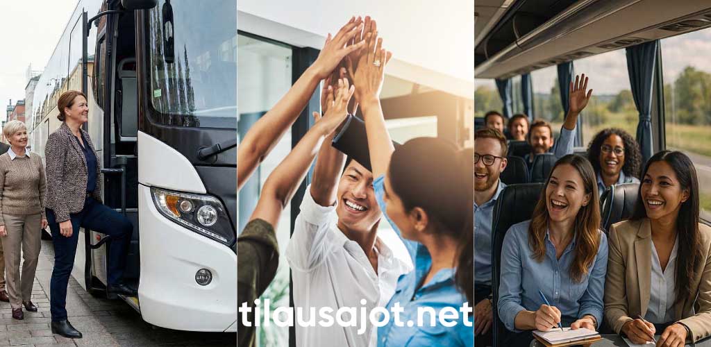 Linja-autoon astuva nainen  high five ja iloiset matkustajat bussissa - Tilausajot.net