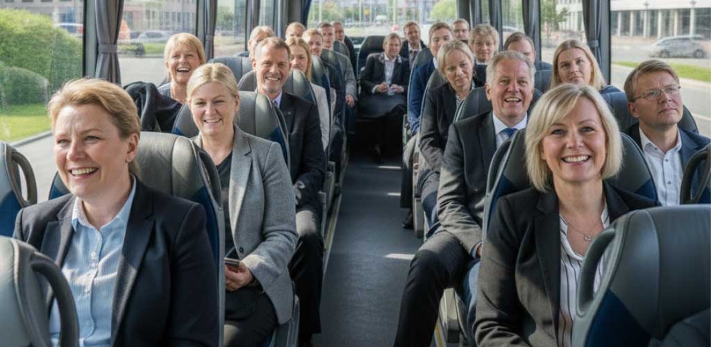 Iloisia matkustajia istuu tilausajobussissa 